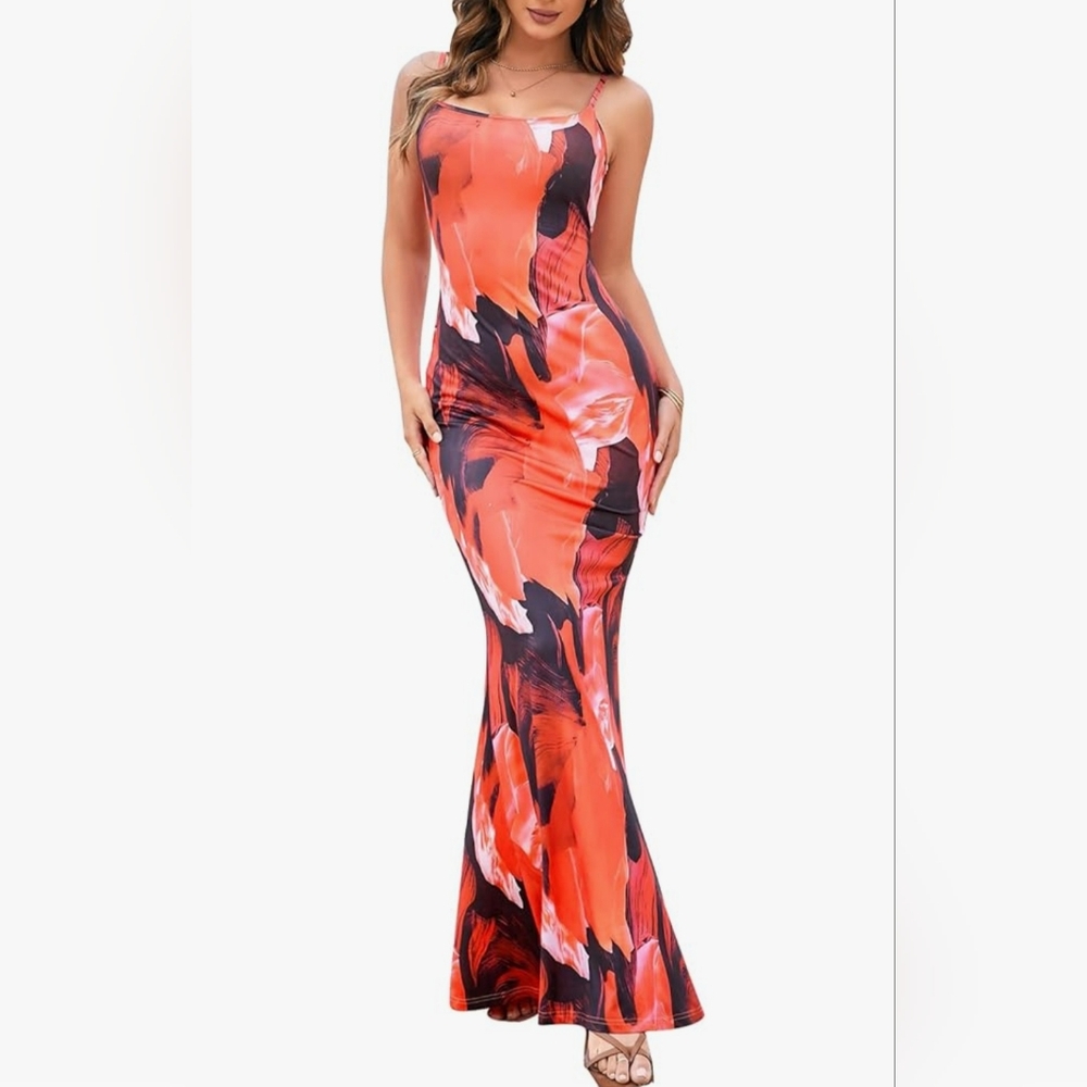 HTZMO Women's Floral Maxi Dress Bodycon Spaghetti Straps Sundress